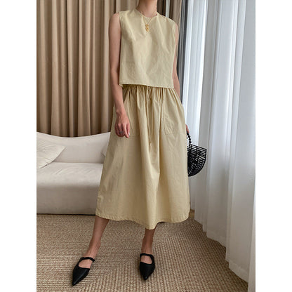 French Simplicity Elegant Pure Cotton Washed Thin round Neck Vest Umbrella Skirt Two Piece Suit