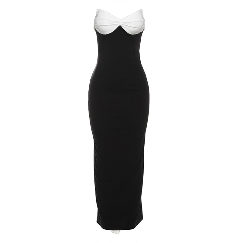 Women Clothing Autumn Winter Color Contrast Sexy Backless Bow Tube Top Ribbon Dress