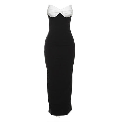 Women Clothing Autumn Winter Color Contrast Sexy Backless Bow Tube Top Ribbon Dress