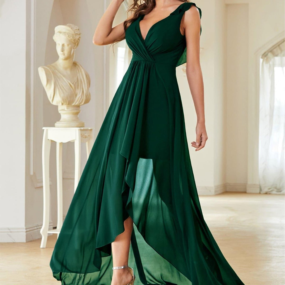 V neck Chiffon Evening Dress Chest Pleated Backless Front Short Back Long Dance Dress Party Dress Bridesmaid Dress