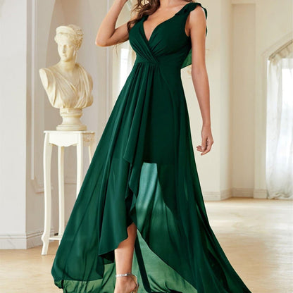 V neck Chiffon Evening Dress Chest Pleated Backless Front Short Back Long Dance Dress Party Dress Bridesmaid Dress