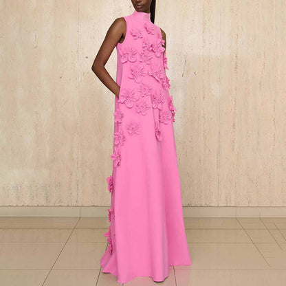 Elegant Elegant Stand Collar Sleeveless Solid Color Dress Three Dimensional Floral Collage Design Maxi Dress