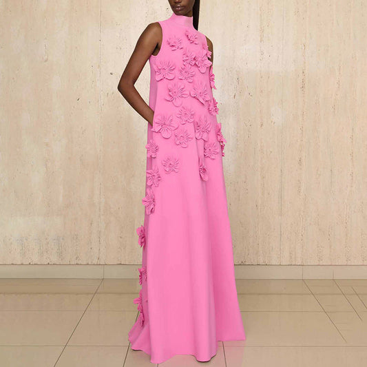 Elegant Elegant Stand Collar Sleeveless Solid Color Dress Three Dimensional Floral Collage Design Maxi Dress