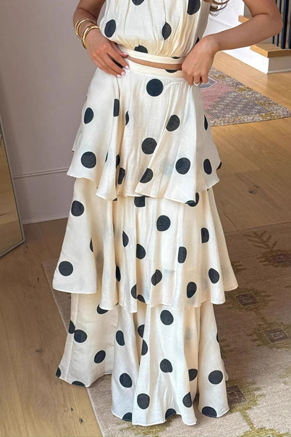 Gift To You Polka Dot Print High Neck Sleeveless Top and Layered Hem Maxi Skirt Set