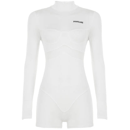 Street Sexy Casual Mesh Stitching One Piece Short Half Turtleneck Sexy Tight Long Sleeve Narrow Jumpsuit Women