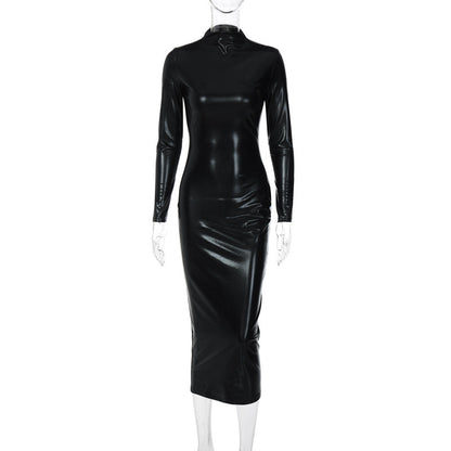 Clothing Autumn Faux Leather Dark Solid Color Slim Slimming Dress