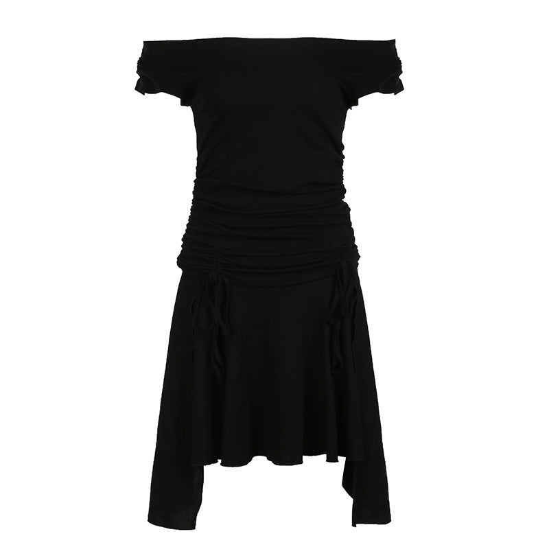 Sexy Drawstring Lace Pleated Waist Tight Slimming Irregular Asymmetric Dress Multiple Wear off the Shoulder Slim Fit