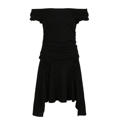 Sexy Drawstring Lace Pleated Waist Tight Slimming Irregular Asymmetric Dress Multiple Wear off the Shoulder Slim Fit