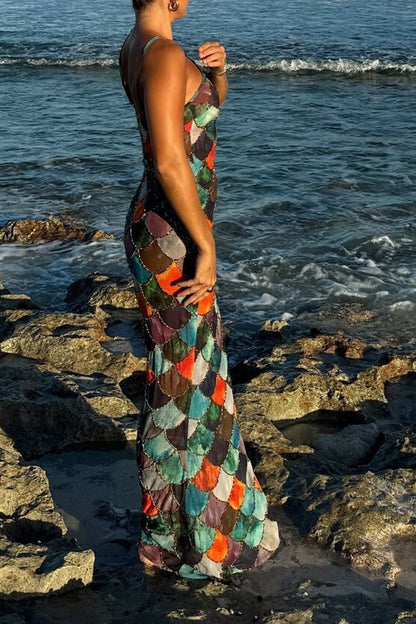 Little Mermaid Colorful Scales Print Halter Maxi Dress