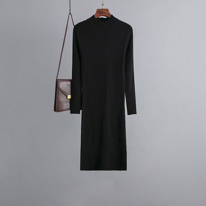 Sheath Half High Collar Inner Match Knitted Dress Women Fall Winter Outer Wear Thin over the Knee Mid Length Sweater Trendy