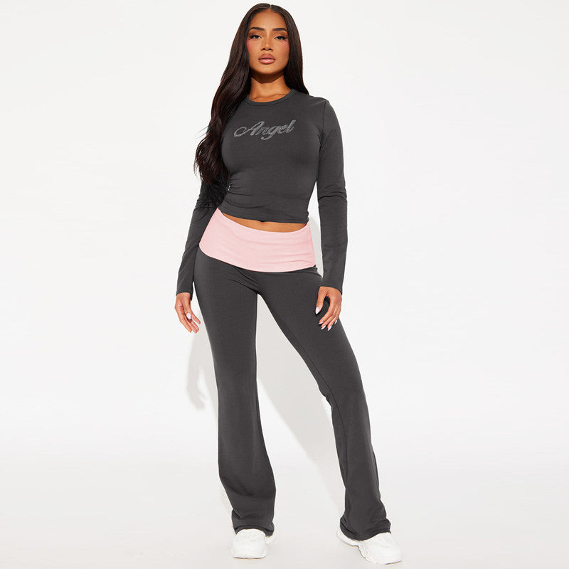 Women Clothing Autumn Contrast Color Round Neck Long Sleeve Bell Bottom Pants Two Piece Set Rhinestone Suit