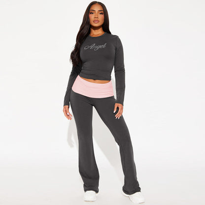 Women Clothing Autumn Contrast Color Round Neck Long Sleeve Bell Bottom Pants Two Piece Set Rhinestone Suit