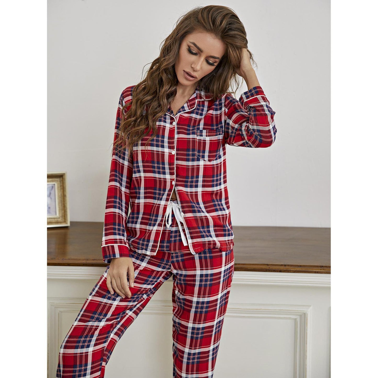 Pajamas Women Autumn Winter Christmas Red Checkered Cardigan Long Sleeve Homewear Set Foreign Trade Independent Site eBay Suit
