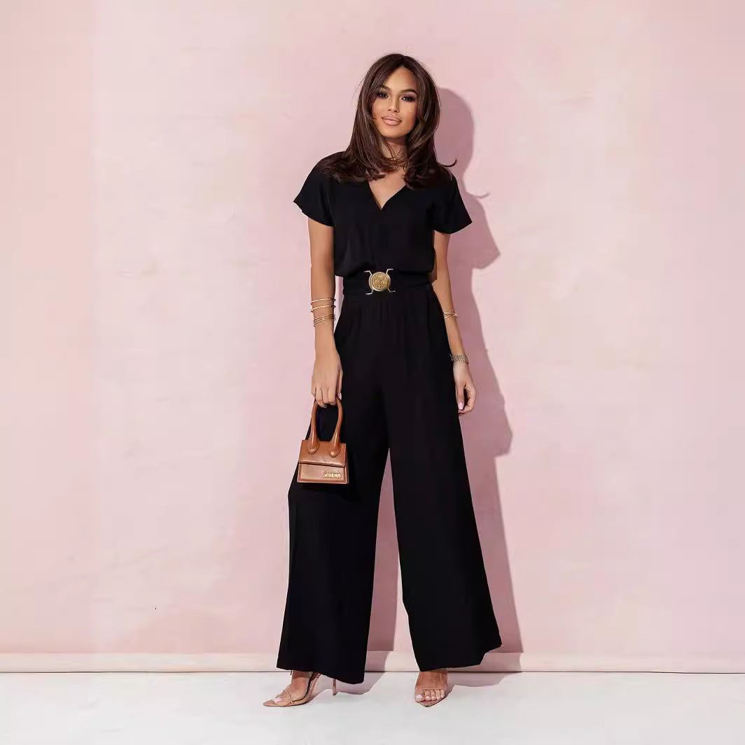 Women Clothing Solid Color V neck Tight Waist Short Sleeve Casual Trousers Jumpsuit