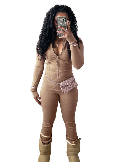 Women Clothing Sports Casual Tight Zipper Low Waist Fold Slightly Flared Fleece Lined Two Piece Sets