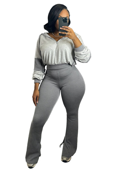 Women Clothing Twist Strip Sweater Stitching Hooded Bell Bottom Pants Two Piece Sets