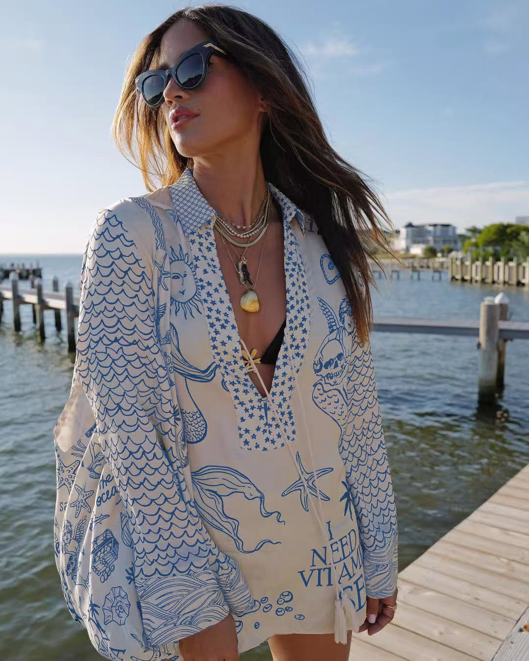 Ladies' Wealthy Satin Unique Printed Tassel Shirt and Elastic Waist Shorts Set