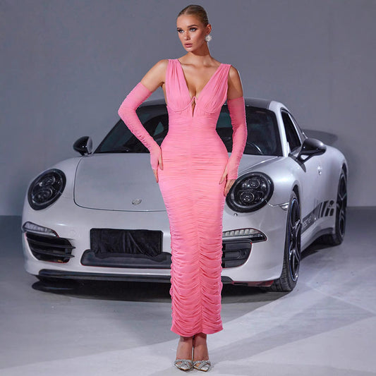 Pleated Milk Silk Side Slit Tight Women Clothes Trendy High End Beautiful Elegant Dress