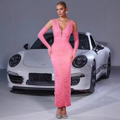 Pleated Milk Silk Side Slit Tight Women Clothes Trendy High End Beautiful Elegant Dress