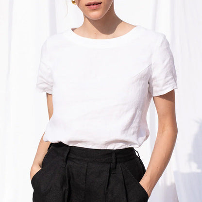 Summer Linen Short Sleeved Casual Comfortable Breathable Cotton Linen T shirt Office Solid Color round Neck Loose Top T