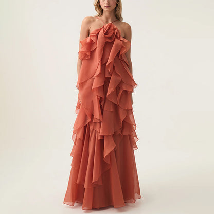 Free - Flowing Rose Detail Tiered Ruffles Halter A-line Maxi Dress