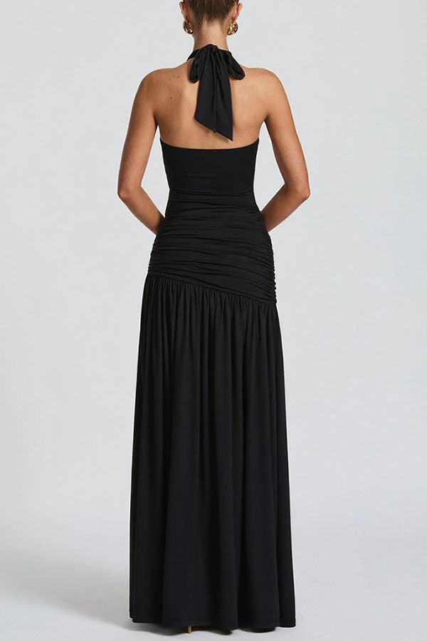 Solid Color Halter Neck Backless Slim Fit Pleated Slit Maxi Dress