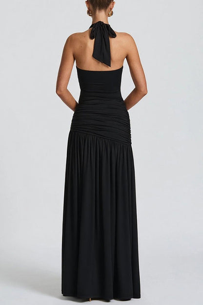 Solid Color Halter Neck Backless Slim Fit Pleated Slit Maxi Dress