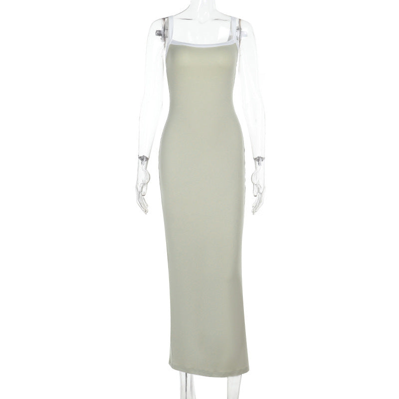 Sling Contrast Color Knitted Sexy Backless Dress Women Sexy Slim Fit Maxi Dress