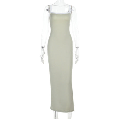 Sling Contrast Color Knitted Sexy Backless Dress Women Sexy Slim Fit Maxi Dress