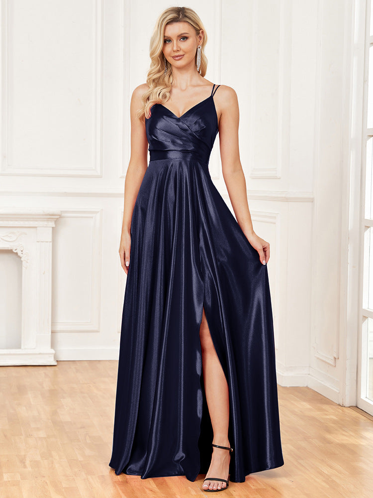 Sexy Sling Silk Dress Backless Blue Maxi Dress Bridesmaid Evening Dress Women