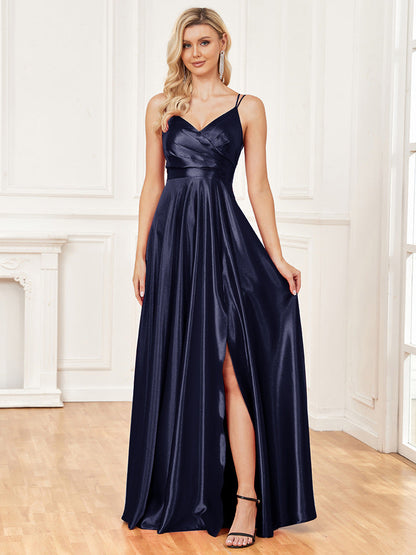 Sexy Sling Silk Dress Backless Blue Maxi Dress Bridesmaid Evening Dress Women