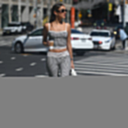 Spring Summer Women Clothing Plaid Stitching Lace Sling Bell Bottom Pants Street Two Piece Set