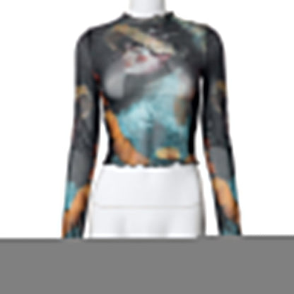 Girl Print Design Transparent Long Sleeves Cropped Top Long Skirt Women Suit