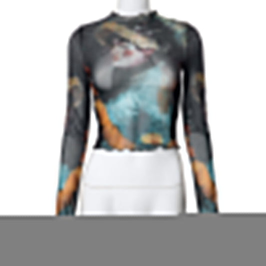 Girl Print Design Transparent Long Sleeves Cropped Top Long Skirt Women Suit
