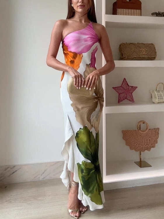 Ladies' Fashion Design Flower Printed Elegant Single Shoulder Side Ruffle Long Dress