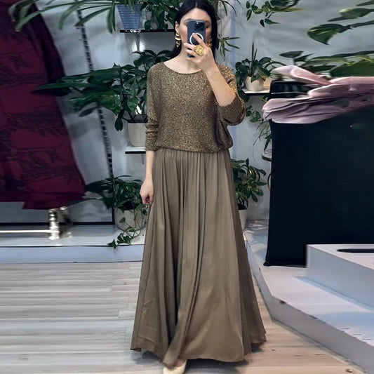 Spring Golden Long Sleeve Top Skirt Two Piece Set Women Clothing Skirts Set