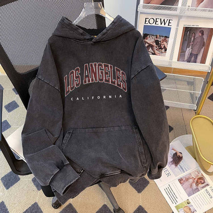 High Street Wash Vintage Pure Cotton Chinese Cotton Composite Hooded Sweatshirt Autumn Washed Distressed Waxed Top