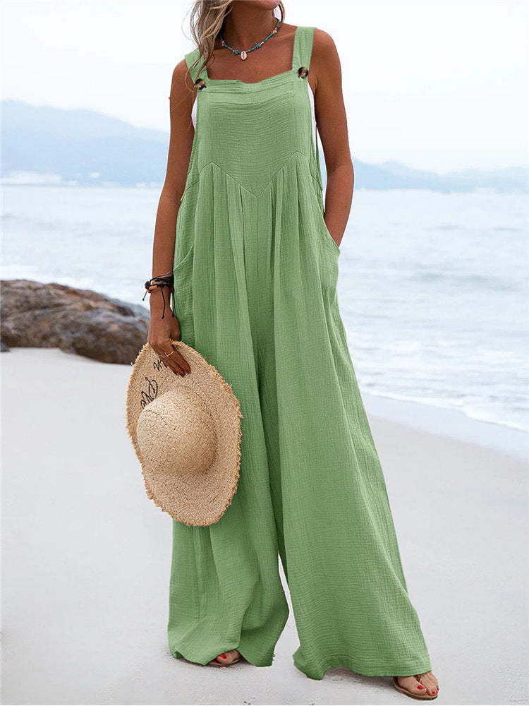 Summer New Women National Fashion Solid Color Buttons Sling Wide Leg Trousers Jumpsuit