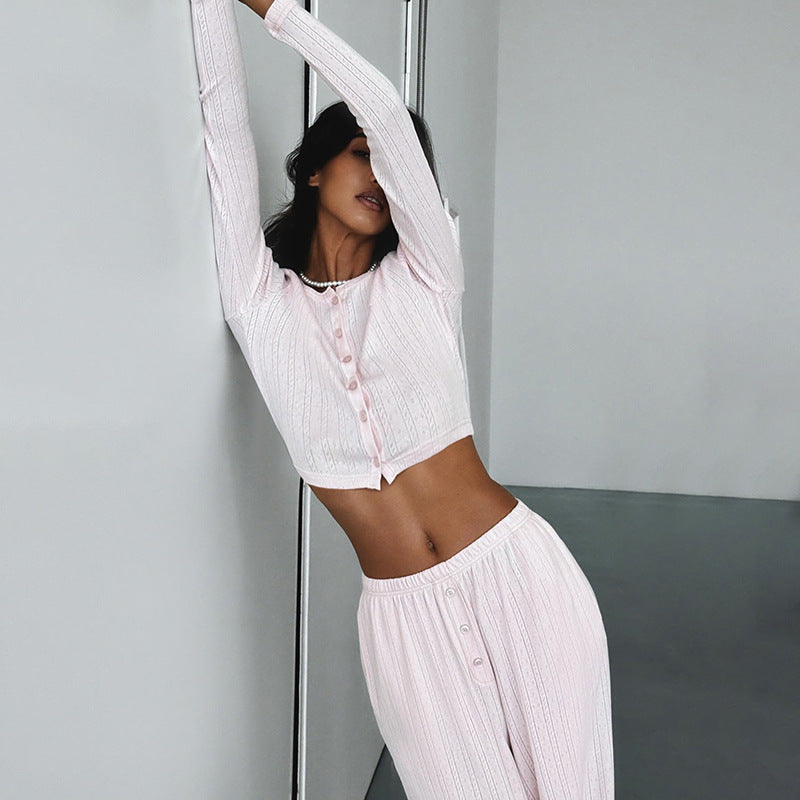 Casual Knitted Basic Breasted Long Sleeve Top Elastic Trousers Two Piece Pajamas Homewear