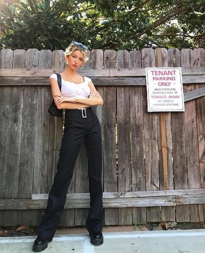 Buckle Belted Flare Leg Pants