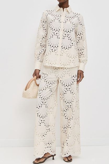 Lillah Embroidered Lace Shell Pattern Elastic Waist Pocket Wide Leg Pants