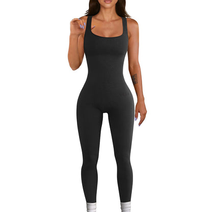 Women Clothing Sleeveless Vest Jumpsuit Thread Square Collar Hip Raise Slim Fit Sexy Jumpsuit