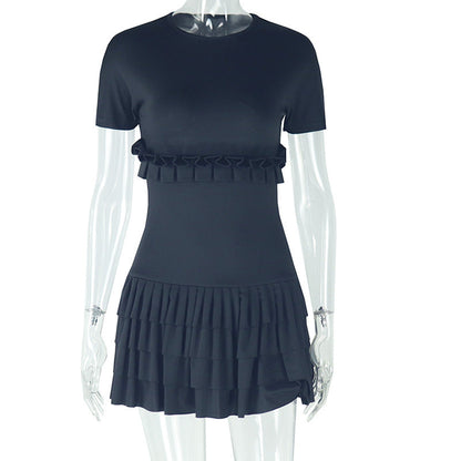 Women Clothing Solid Color Tight Sweet Fresh Pleated dress Short Sleeve round Neck Short Dress