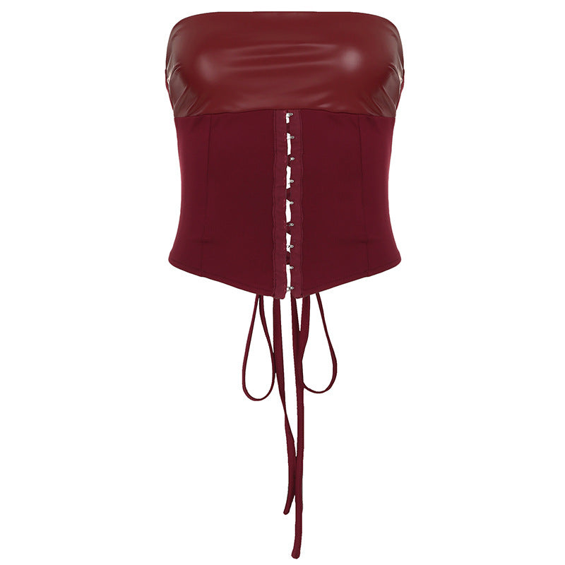 Vintage Court Waist Shaping Lace up Tube Top Leather Hollow Out Cutout out Wrist Hanging Package Hip Skirt Set Women