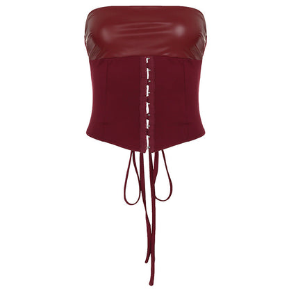 Vintage Court Waist Shaping Lace up Tube Top Leather Hollow Out Cutout out Wrist Hanging Package Hip Skirt Set Women