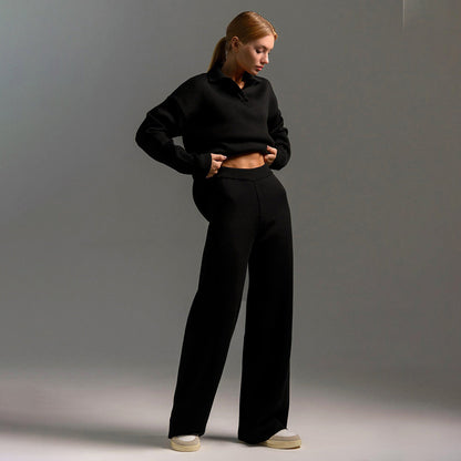 Knitted Set Autumn Winter Sweater Set Polo Neck Knitted Pullover + Wide Leg Long Pants Two-Piece Suit