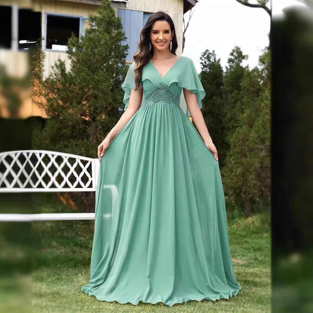 Applique Chiffon Green Evening Dress Slim Fit Flared Sleeves Bridesmaid Dress Cocktail Women