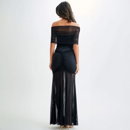 Women Clothing Autumn Tube Top Pleated Mesh Slim Fit Patchwork Dress Two Piece Set