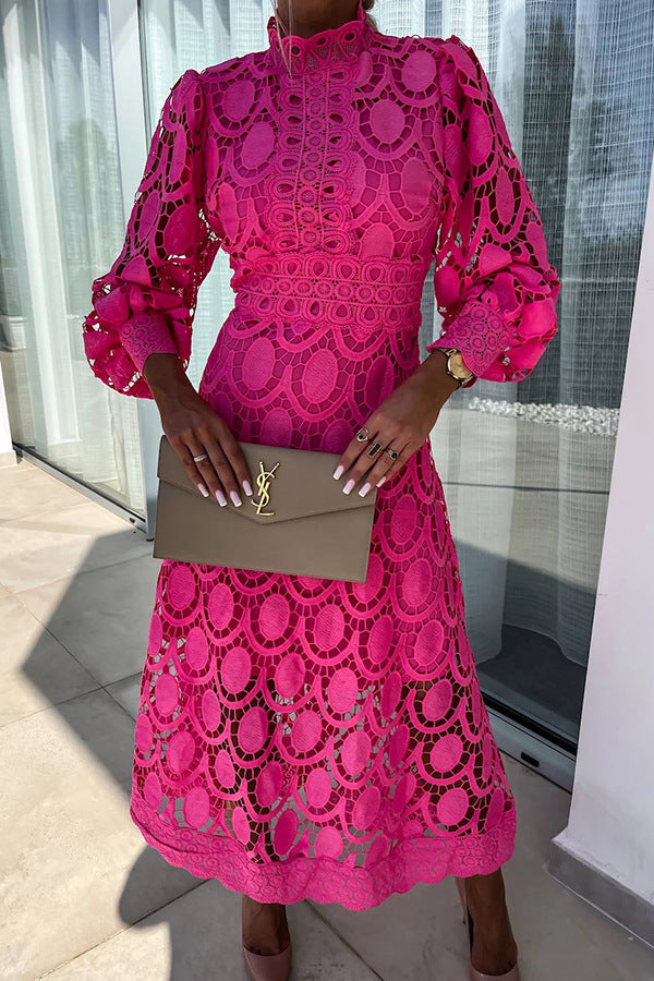 French party sensual party elegant crochet lace lantern sleeves party MIDI skirt 