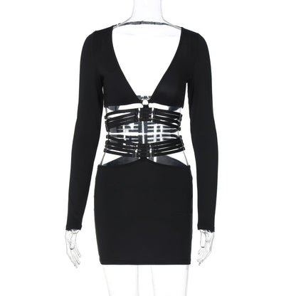 Women Clothing Autumn Winter Sexy V neck Long Sleeve Top Slim Fit Lace up Skirt Set